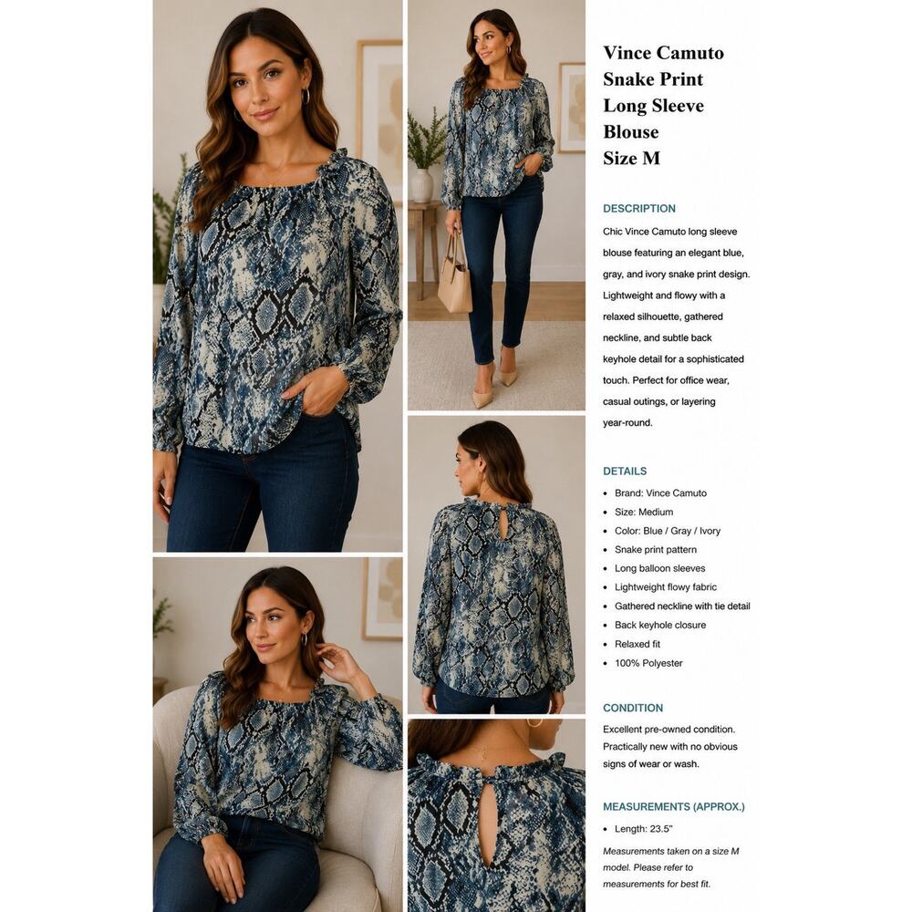 Vince Camuto Snake Print Long Sleeve Blouse Size M Blue Gray Keyhole Neck Top